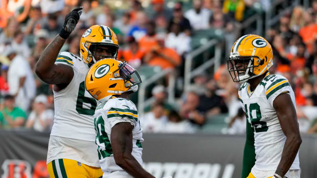 Green Bay Packers running back Tyler Goodson (39) celebrates a touchdown run up the middle in the second quarter of the NFL Preseason Week 1 game between the Cincinnati Bengals and the Green Bay Packers at Paycor Stadium in downtown Cincinnati on Friday, Aug. 11, 2023. The Packers led 21-16 at halftime.  